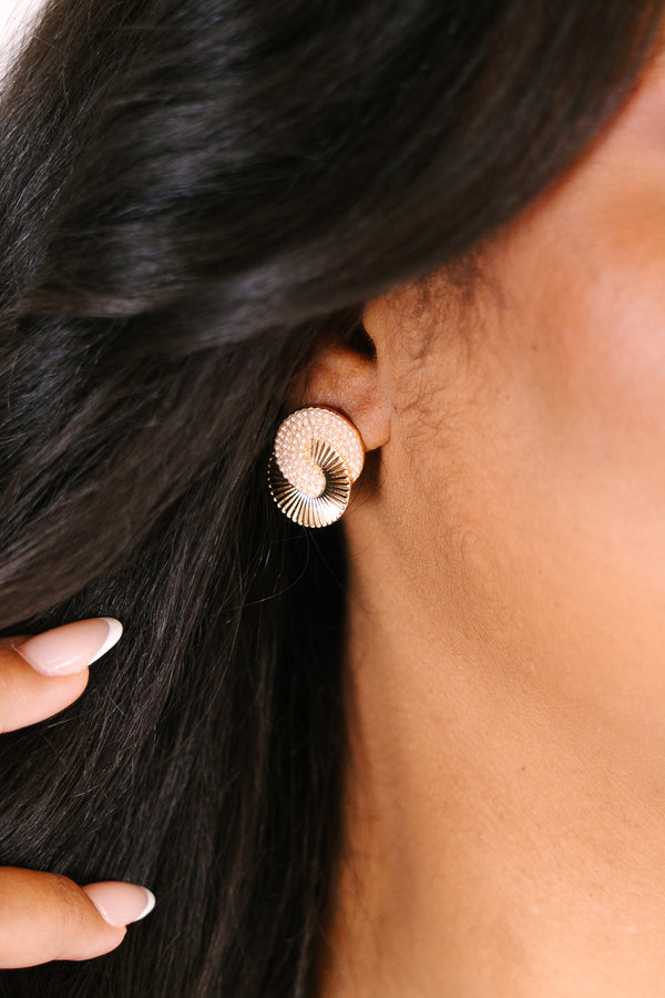 Chic Soul plus size clothing, gold earrings with two circles intertwined together and one of them is a gold metal and the other one has a gold beaded look
