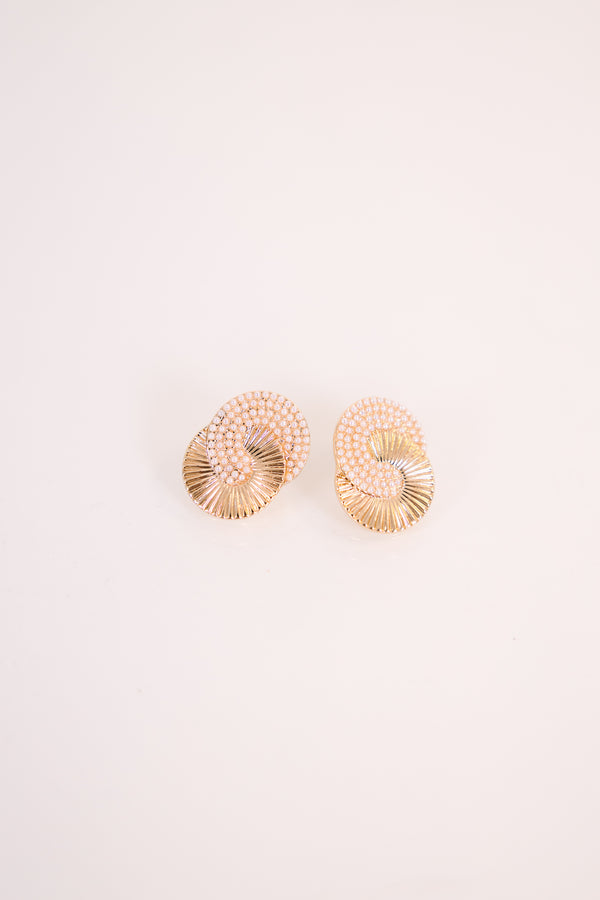 Chic Soul plus size clothing, gold earrings with two circles intertwined together and one of them is a gold metal and the other one has a gold beaded look
