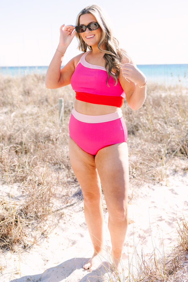 Chic Soul plus size clothing, pink high waisted swimsuit bottoms with a thick light pink stripe going around the top of the swimsuit bottoms 