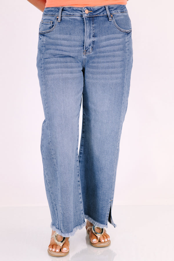 Chic Soul plus size clothing, relaxed fit straight leg jeans with split hemline and trendy seam down front of the legs