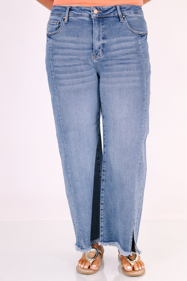 Chic Soul plus size clothing, relaxed fit straight leg jeans with split hemline and trendy seam down front of the legs