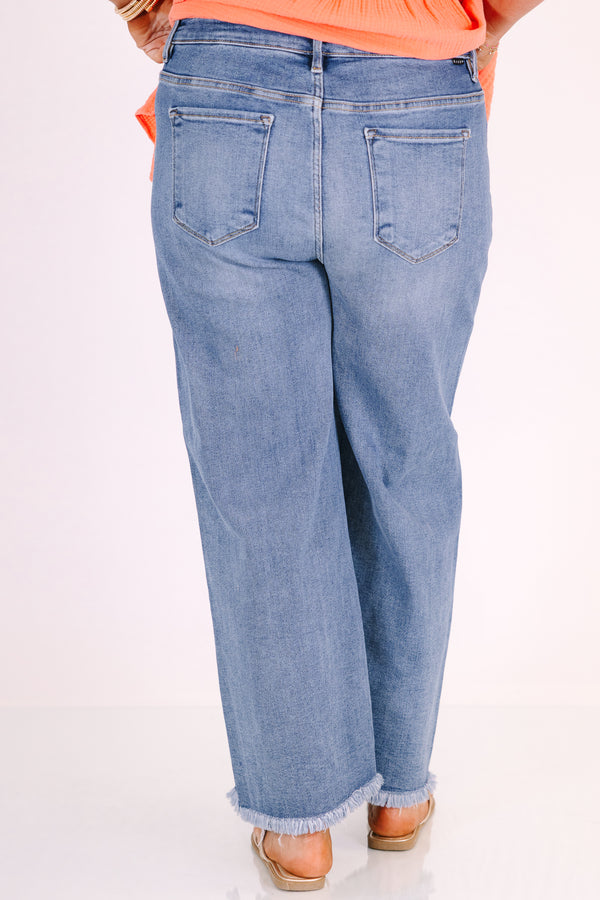 Chic Soul plus size clothing, relaxed fit straight leg jeans with split hemline and trendy seam down front of the legs