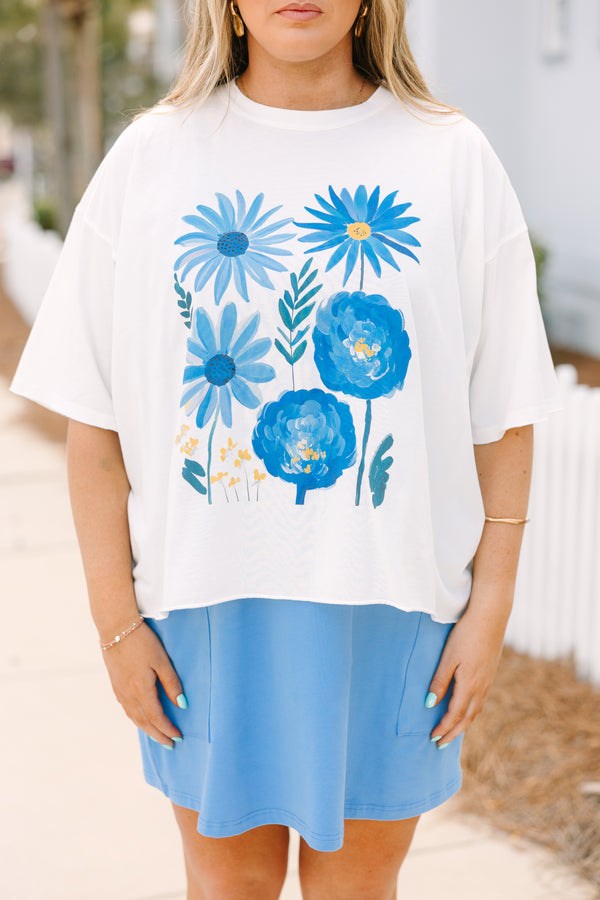Chic Soul plus size clothing, white short sleeve tee with multiple blue flower graphics
