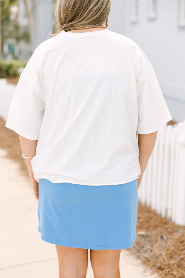 Chic Soul plus size clothing, white short sleeve tee with multiple blue flower graphics