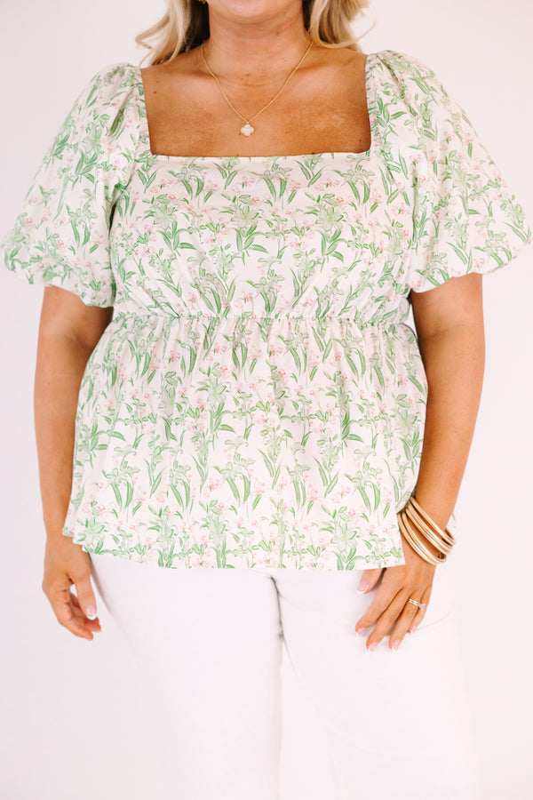 Chic Soul plus size clothing, light green and white floral print puff sleeve square neck puff sleeve peplum top