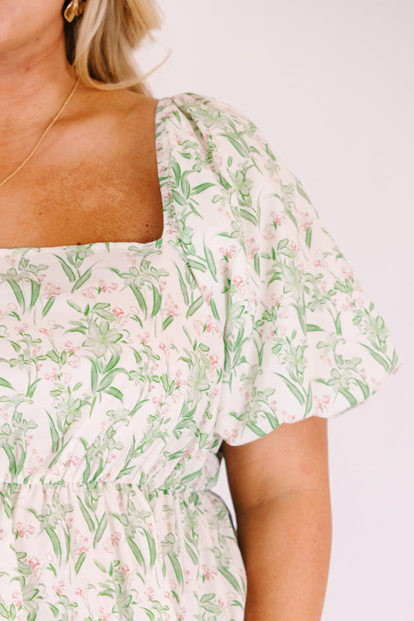 Chic Soul plus size clothing, light green and white floral print puff sleeve square neck puff sleeve peplum top