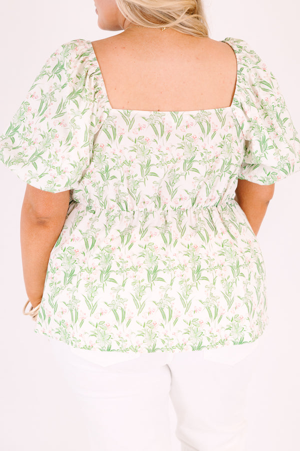 Chic Soul plus size clothing, light green and white floral print puff sleeve square neck puff sleeve peplum top