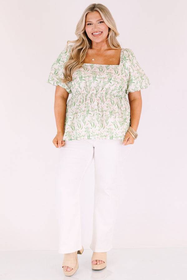 Chic Soul plus size clothing, light green and white floral print puff sleeve square neck puff sleeve peplum top