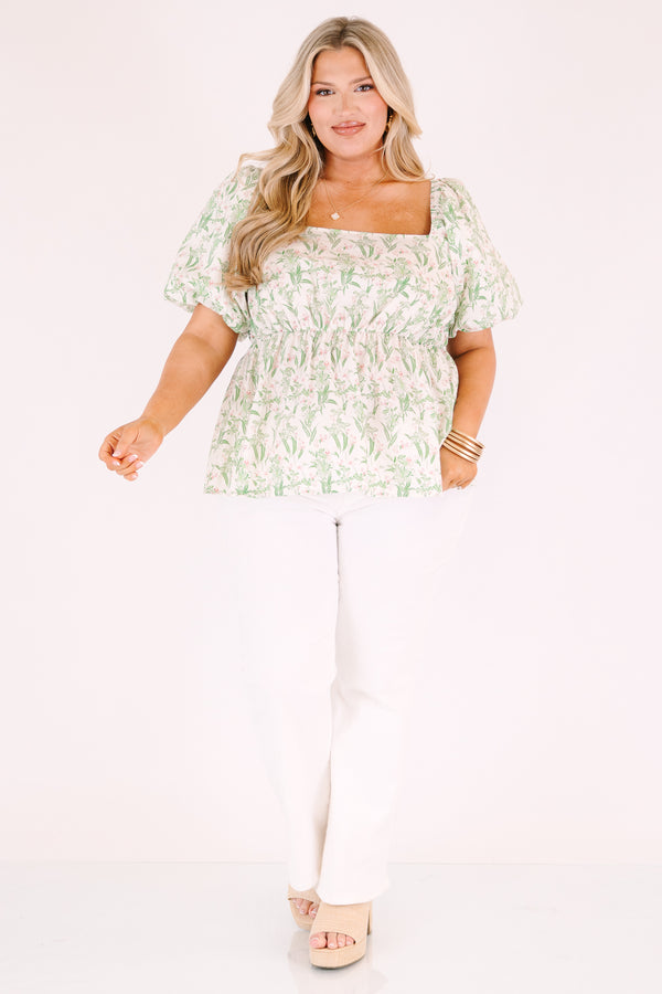 Chic Soul plus size clothing, light green and white floral print puff sleeve square neck puff sleeve peplum top