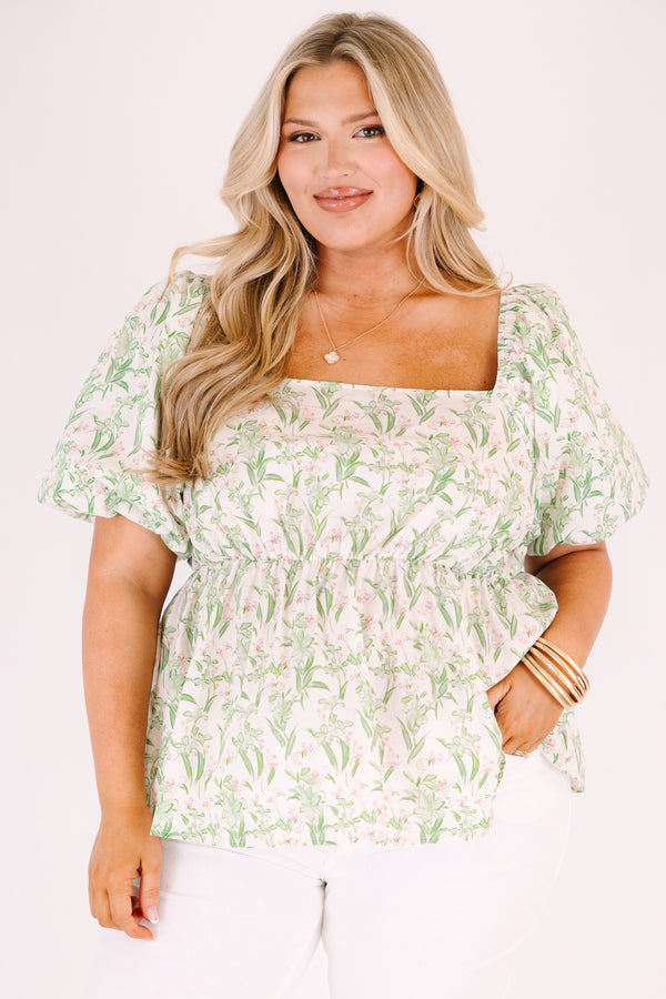 Chic Soul plus size clothing, light green and white floral print puff sleeve square neck puff sleeve peplum top