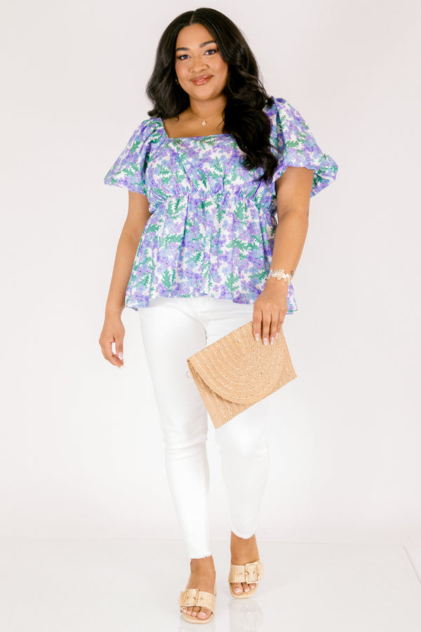 Chic Soul plus size clothing, purple top with bubble sleeves a square neckline and a green and purple floral pattern 