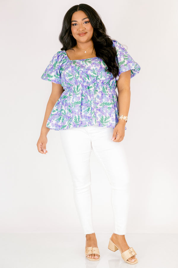 Chic Soul plus size clothing, purple top with bubble sleeves a square neckline and a green and purple floral pattern 