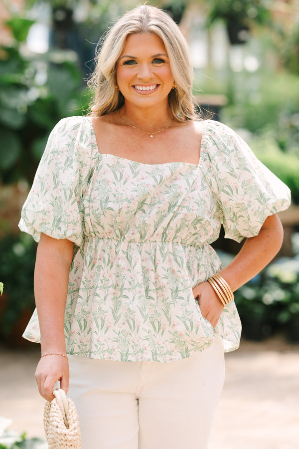 Chic Soul plus size clothing, light green and white floral print puff sleeve square neck puff sleeve peplum top