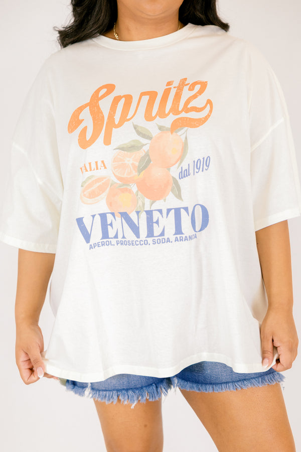 Chic Soul plus size clothing, ivory short sleeve graphic tee with a faded orange graphic on the center of the shirt and the word 