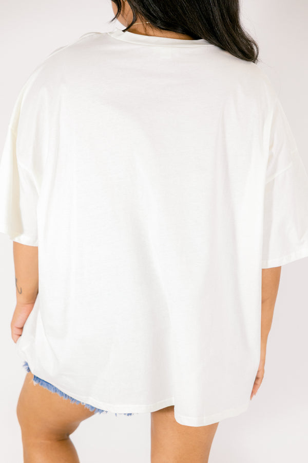 Chic Soul plus size clothing, ivory short sleeve graphic tee with a faded orange graphic on the center of the shirt and the word 