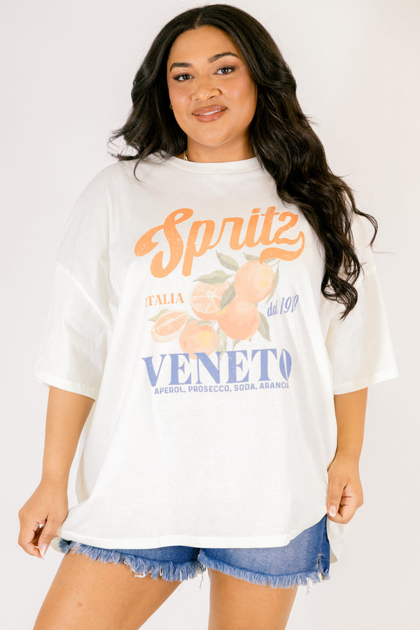 Chic Soul plus size clothing, ivory short sleeve graphic tee with a faded orange graphic on the center of the shirt and the word 