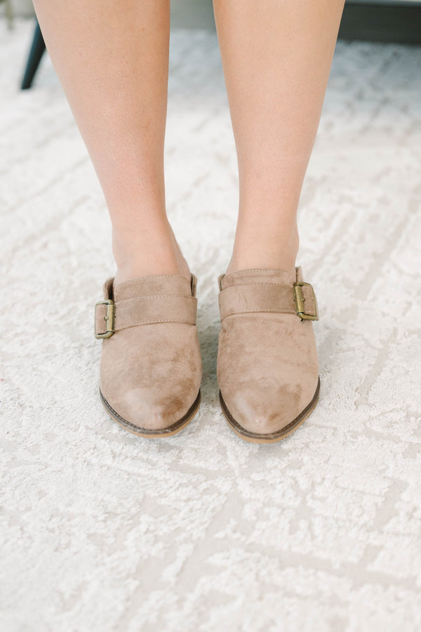 Plus Size taupe faux suede pointed-toe mules with an adjustable buckle strap and block heel.