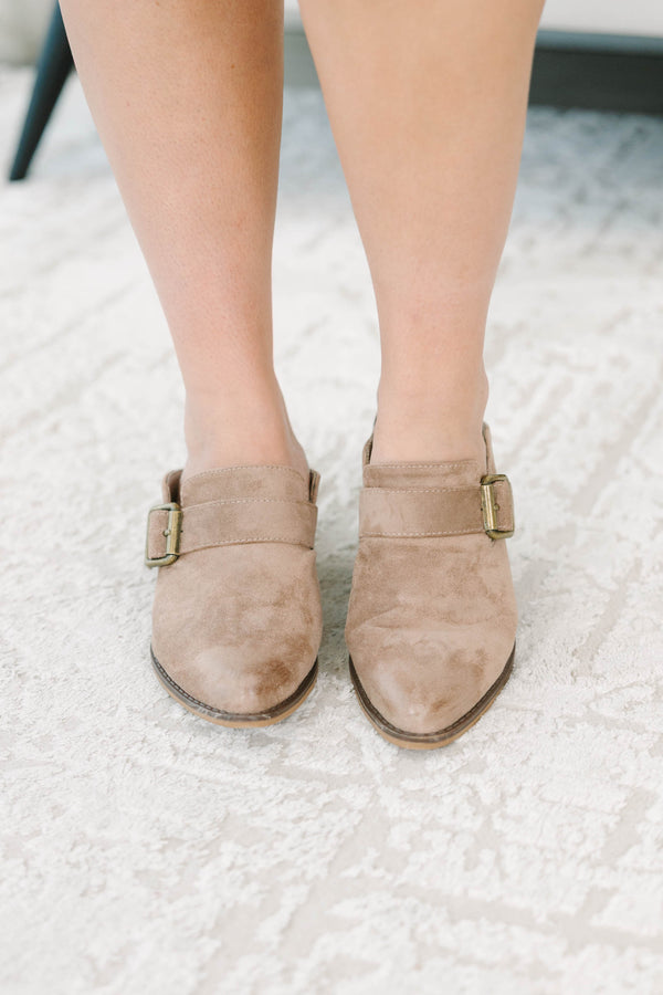 Plus Size taupe faux suede pointed-toe mules with an adjustable buckle strap and block heel.