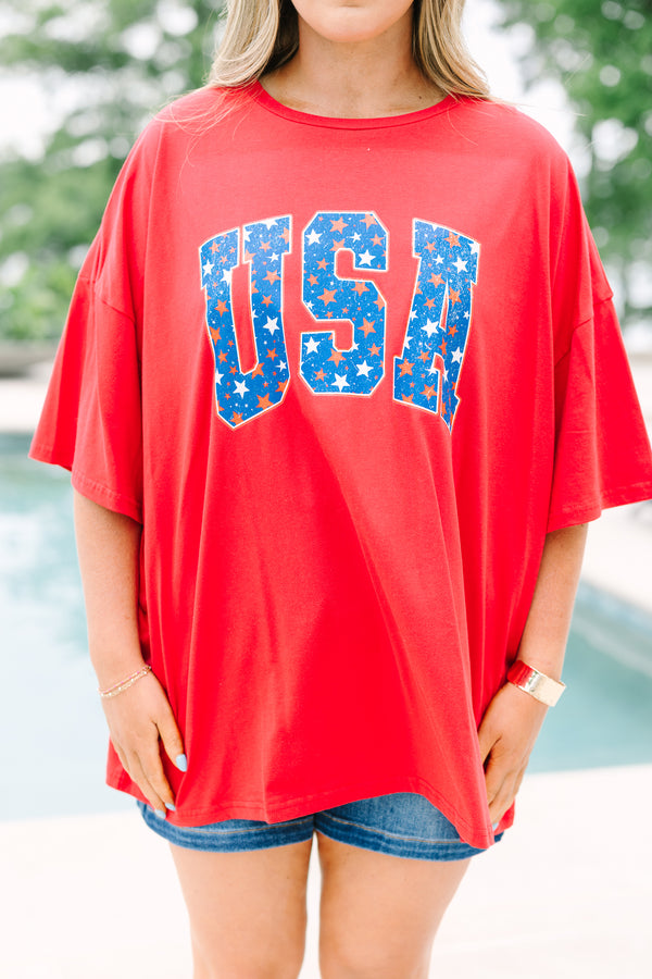 Red oversized boyfriend tee with a blue and white starry USA graphic on the front.