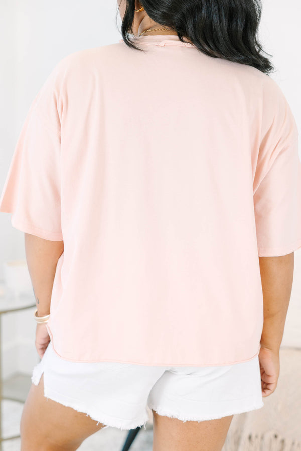 Plus Size blush pink vintage wash tee with USA floral and star patchwork lettering.