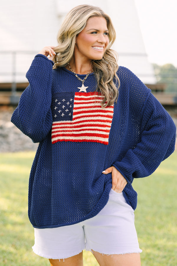 Plus Size navy open-knit sweater with an American flag design on the front and long sleeves.