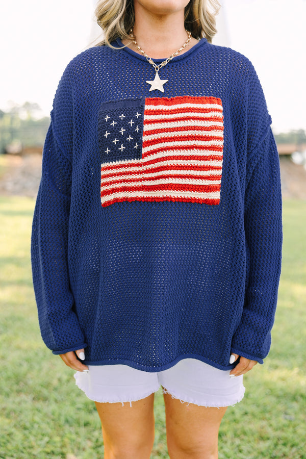 Plus Size navy open-knit sweater with an American flag design on the front and long sleeves.