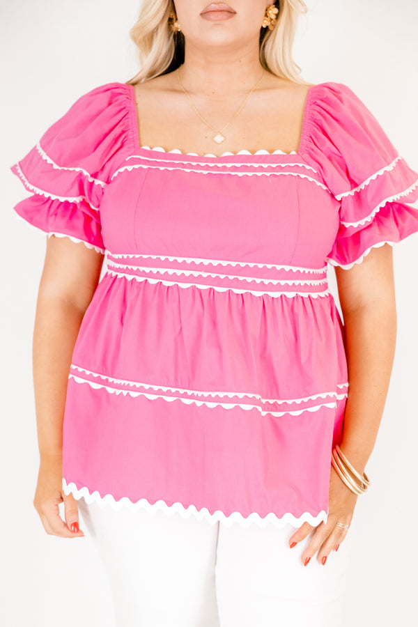 Chic Soul plus size clothing, bright pink square neck puff sleeve top with white scalloped trim detailing 