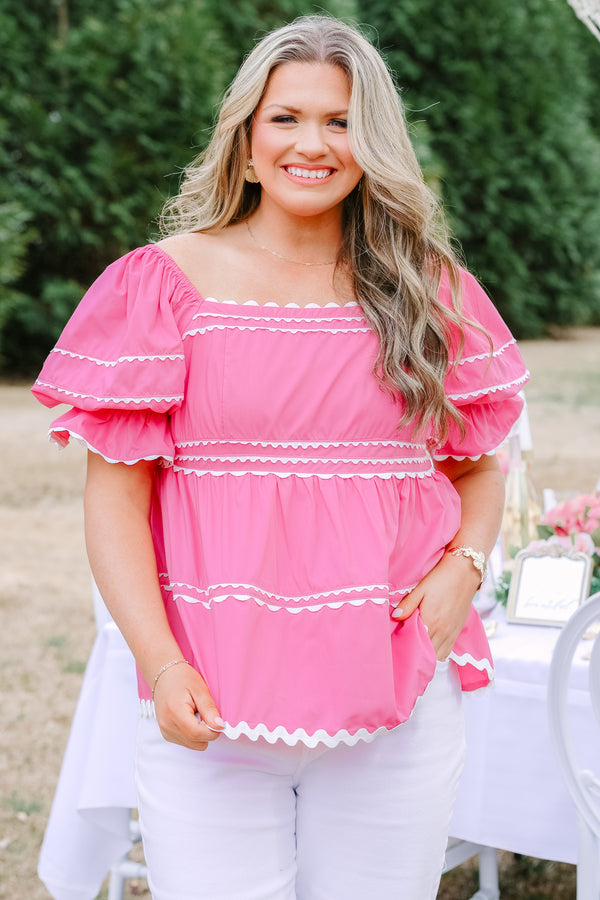 Chic Soul plus size clothing, bright pink square neck puff sleeve top with white scalloped trim detailing 