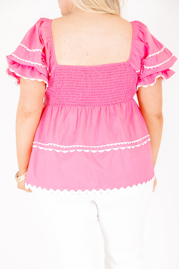Chic Soul plus size clothing, bright pink square neck puff sleeve top with white scalloped trim detailing 