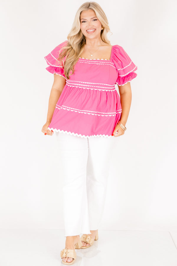 Chic Soul plus size clothing, bright pink square neck puff sleeve top with white scalloped trim detailing 