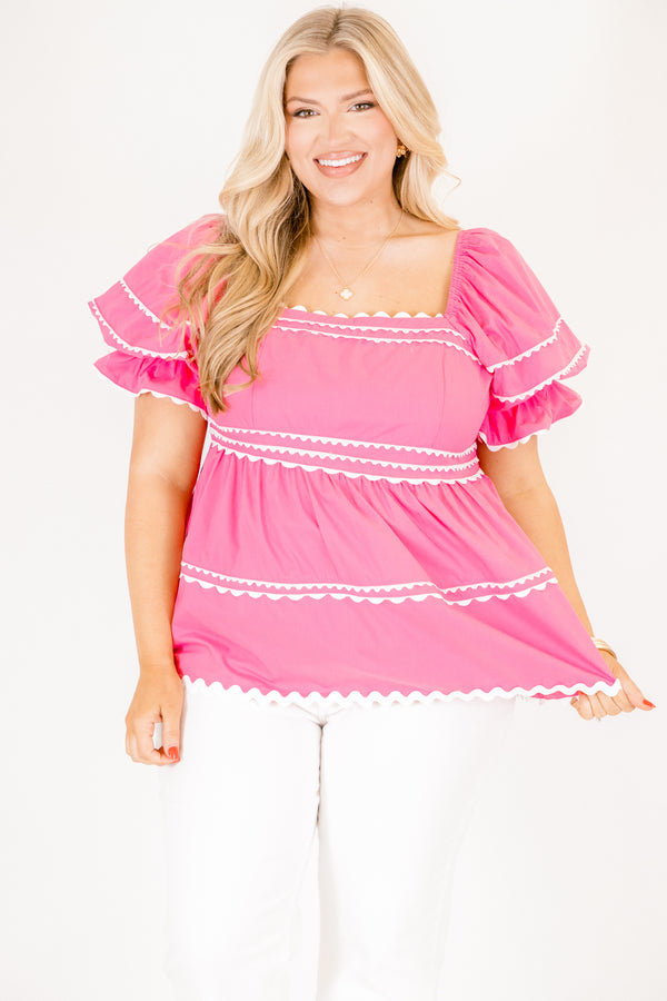Chic Soul plus size clothing, bright pink square neck puff sleeve top with white scalloped trim detailing 