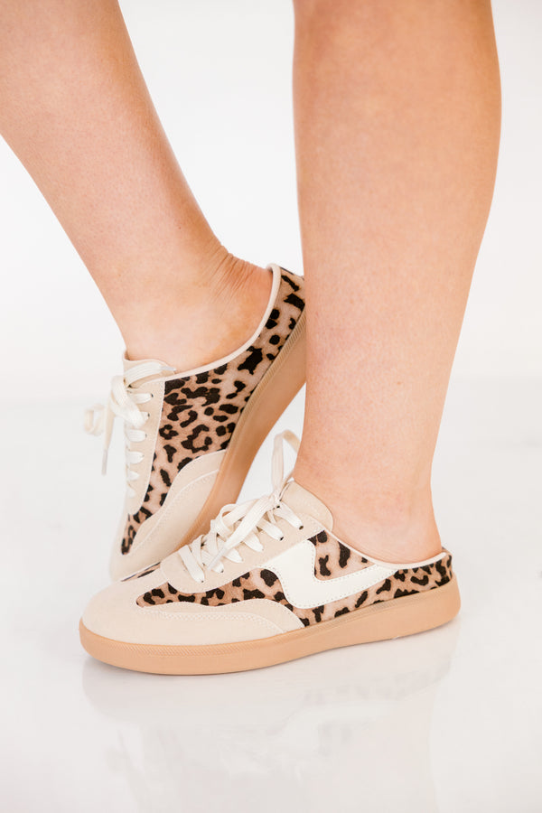 Chic Soul plus size clothing, beige and leopard print lace up sneaker with brown rubber soles