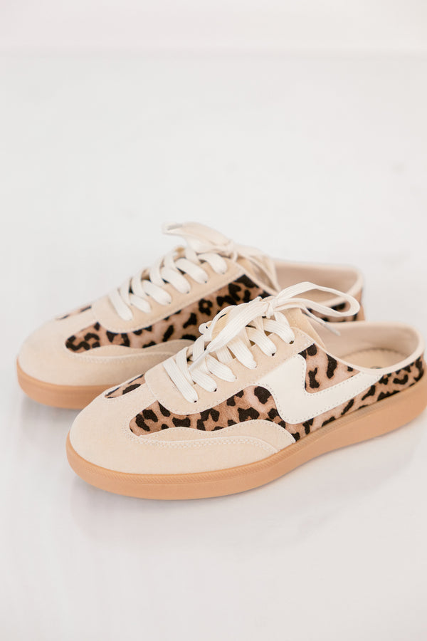 Chic Soul plus size clothing, beige and leopard print lace up sneaker with brown rubber soles