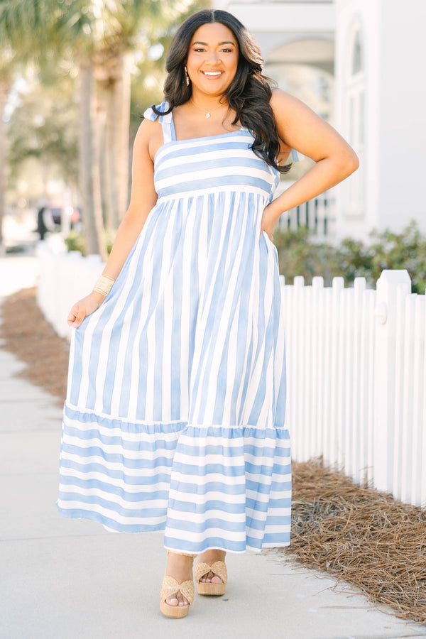 Chic Soul plus size clothing, blue maxi dress with a horizontal and vertical striped pattern as well as a square neckline and bows that tie on the top of the shoulders