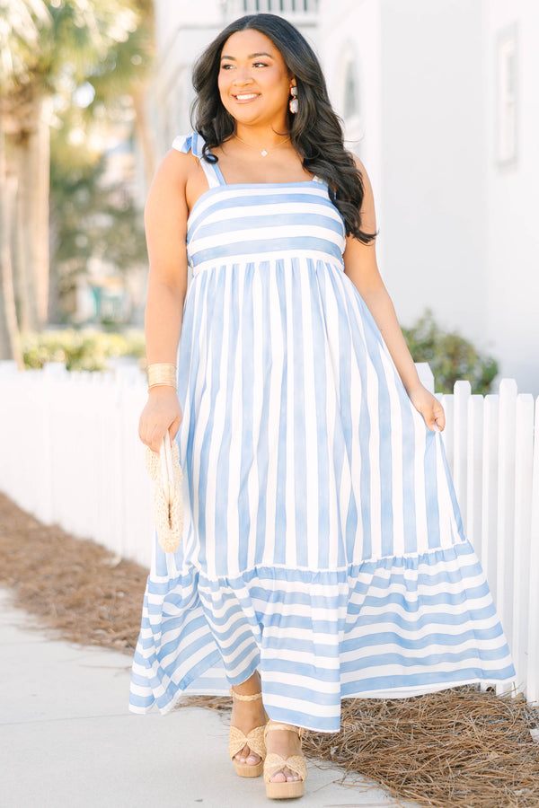 Chic Soul plus size clothing, blue maxi dress with a horizontal and vertical striped pattern as well as a square neckline and bows that tie on the top of the shoulders