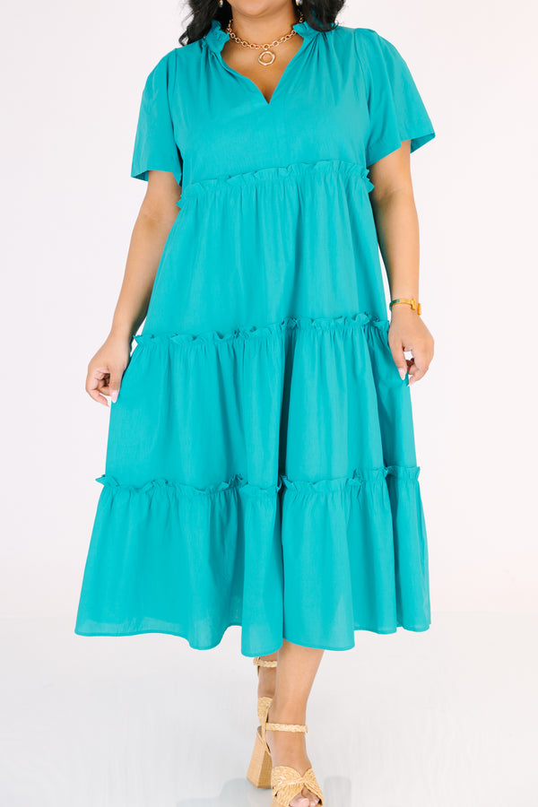 Chic Soul plus size clothing, turquoise short sleeve tiered maxi dress with v neckline and ruffles on each tier