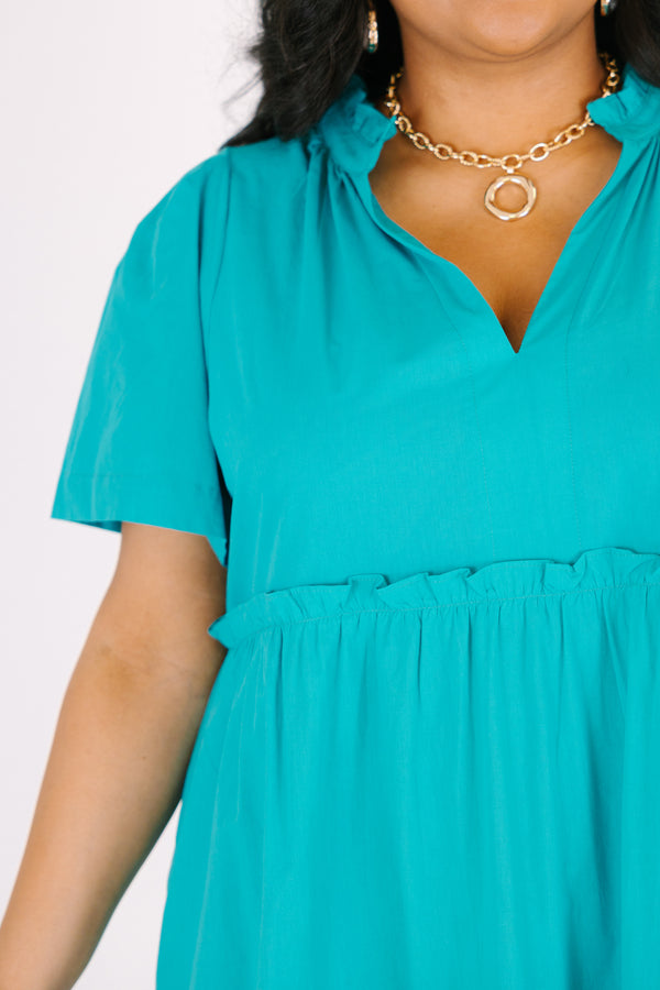 Chic Soul plus size clothing, turquoise short sleeve tiered maxi dress with v neckline and ruffles on each tier