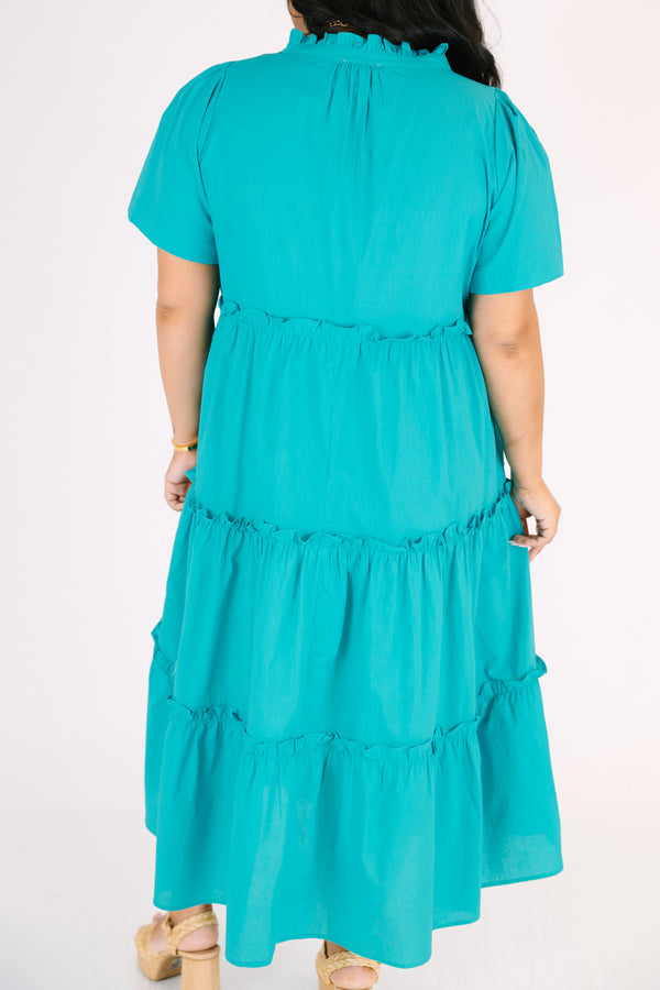 Chic Soul plus size clothing, turquoise short sleeve tiered maxi dress with v neckline and ruffles on each tier