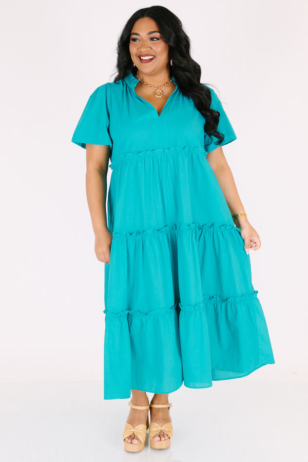 Chic Soul plus size clothing, turquoise short sleeve tiered maxi dress with v neckline and ruffles on each tier