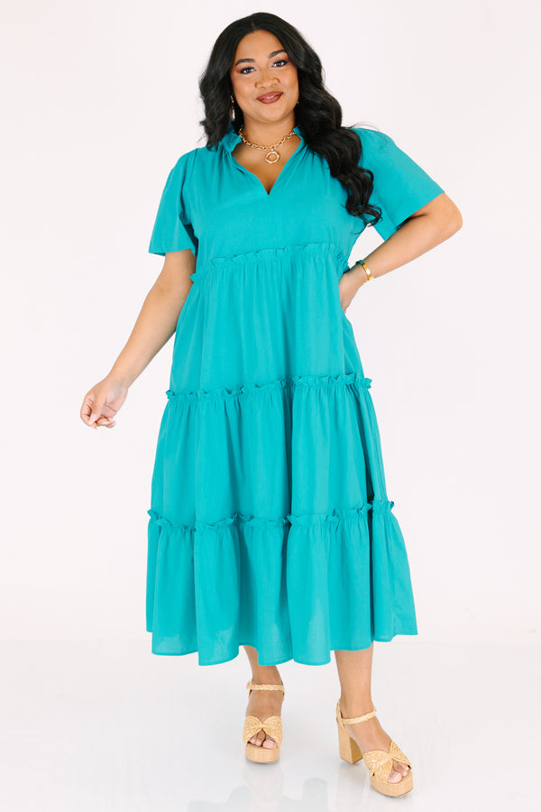 Chic Soul plus size clothing, turquoise short sleeve tiered maxi dress with v neckline and ruffles on each tier