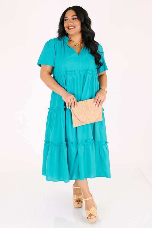 Chic Soul plus size clothing, turquoise short sleeve tiered maxi dress with v neckline and ruffles on each tier