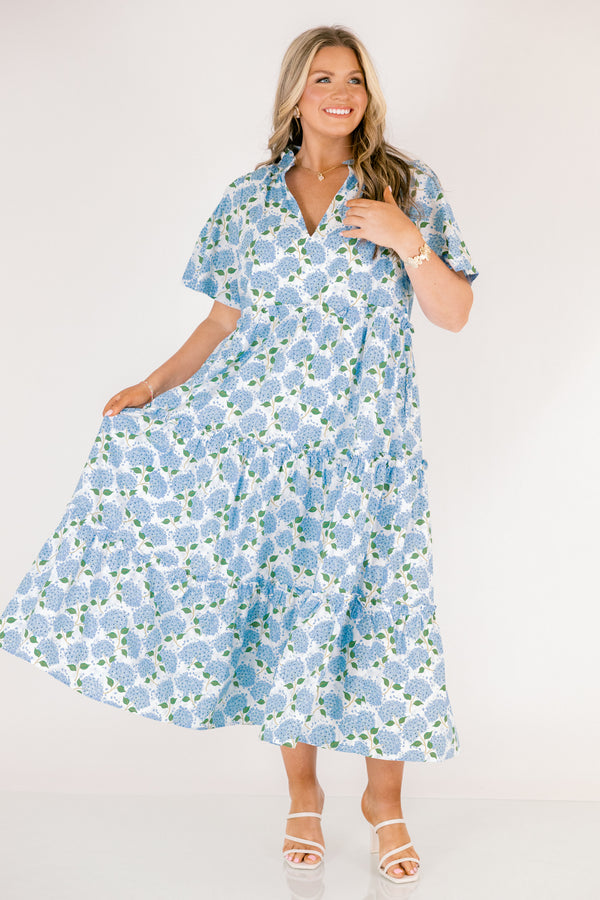 Chic Soul plus size clothing, white tiered maxi dress with short sleeves a slight v-neckline and a blue hydrangea pattern throughout