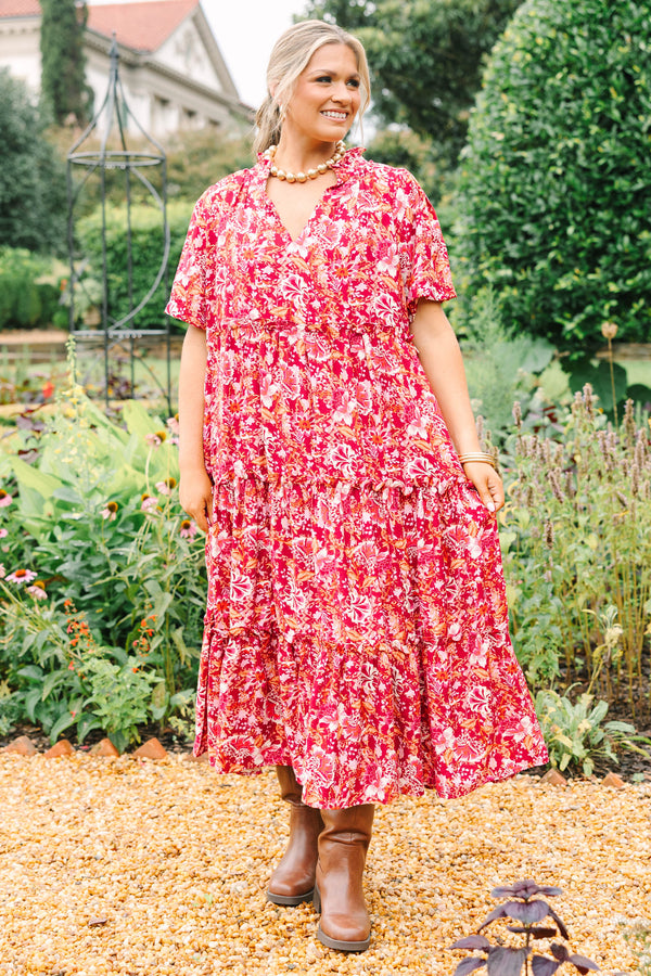 Plus Size pink floral tiered midi dress with short sleeves, a V-neckline, and a relaxed fit.