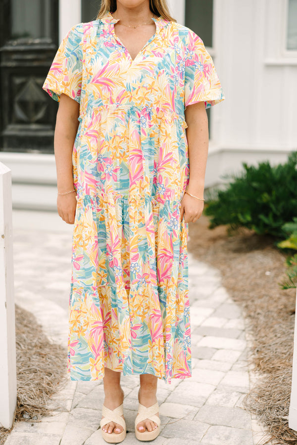 Chic Soul plus size clothing, yellow multi colored short puff sleeve tiered maxi dress with v neckline