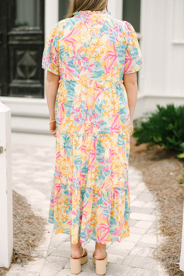 Chic Soul plus size clothing, yellow multi colored short puff sleeve tiered maxi dress with v neckline