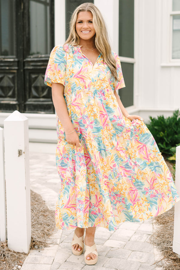 Chic Soul plus size clothing, yellow multi colored short puff sleeve tiered maxi dress with v neckline