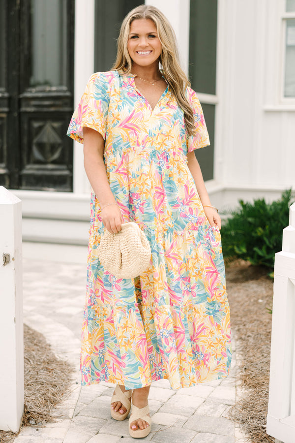 Chic Soul plus size clothing, yellow multi colored short puff sleeve tiered maxi dress with v neckline