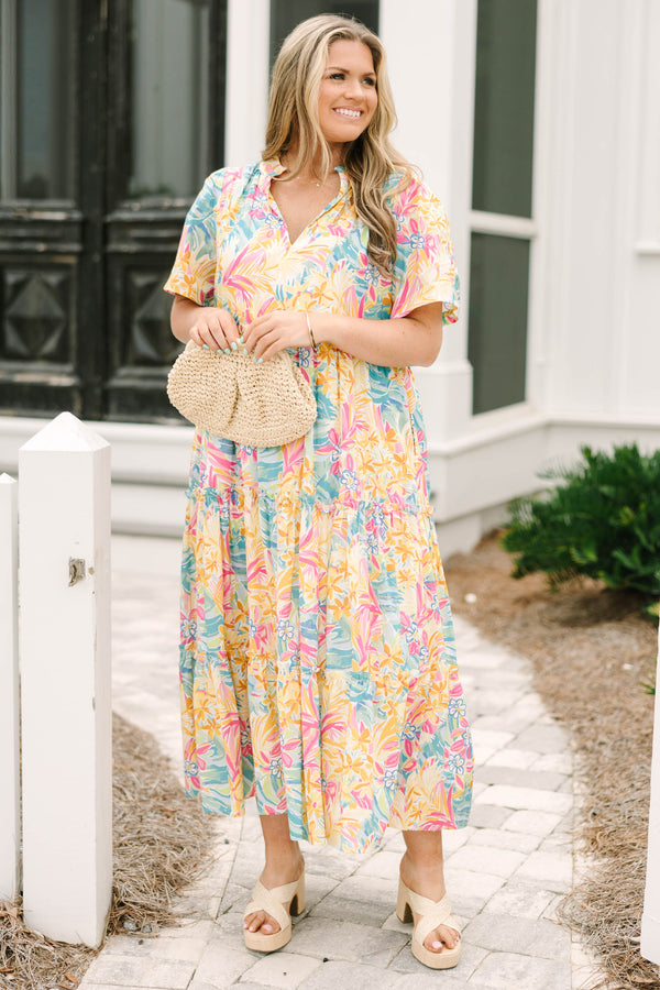 Chic Soul plus size clothing, yellow multi colored short puff sleeve tiered maxi dress with v neckline