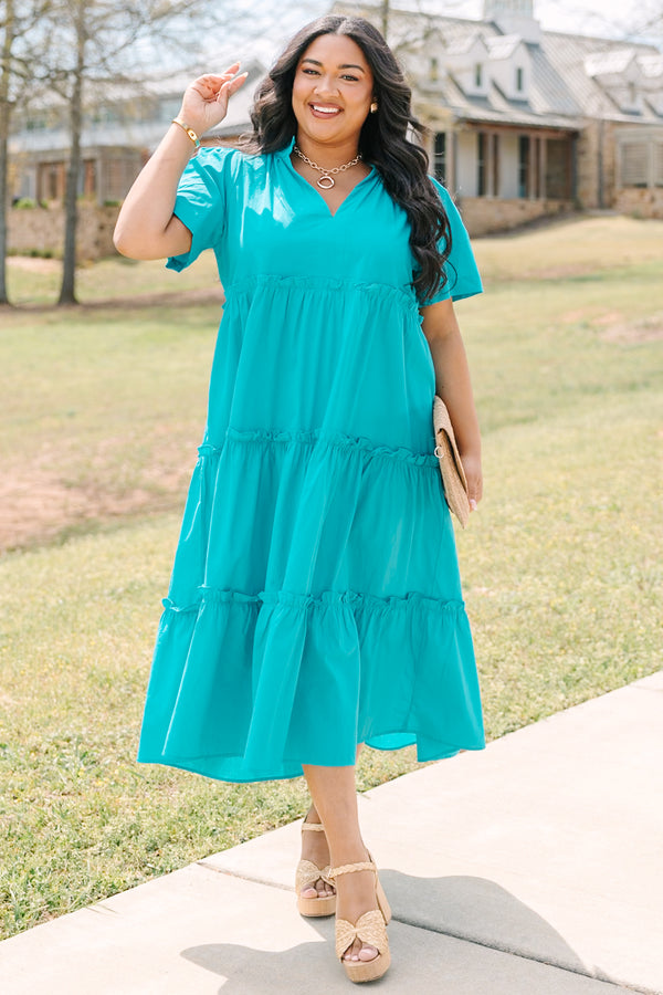 Chic Soul plus size clothing, turquoise short sleeve tiered maxi dress with v neckline and ruffles on each tier