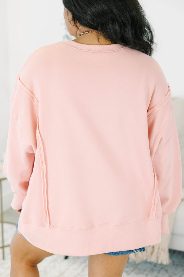 Plus Size dusty pink crewneck sweatshirt with a large strawberry graphic and side slits.